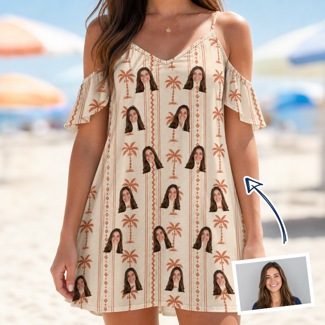 Woman wearing Women's Orchid Oasis Custom Face Off-Shoulder Dress — custom faces printed all-over