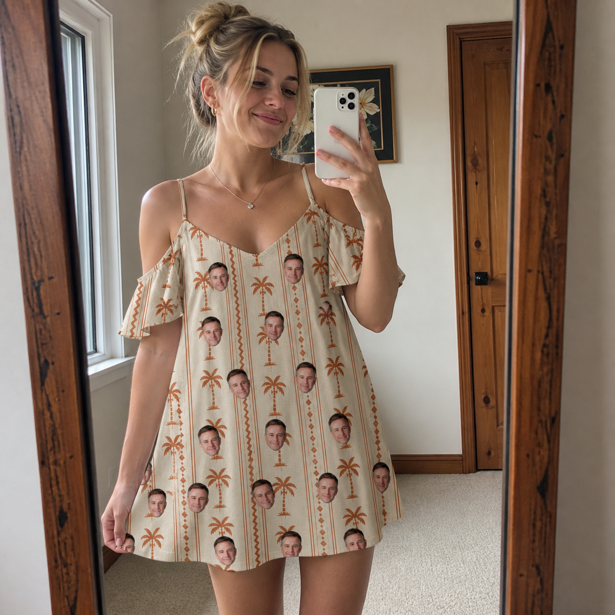 Real-life photo of someone wearing Women's Orchid Oasis Custom Face Off-Shoulder Dress — custom faces printed all-over