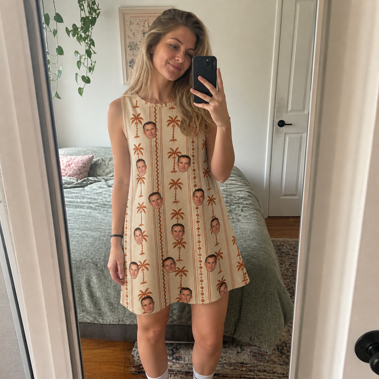 Real-life photo of someone wearing Women's Orchid Oasis Custom Face Tank Dress — custom faces printed all-over