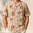 Model wearing Men's Orchid Oasis Custom Face Hawaiian Shirt printed with kids' faces