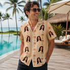 Real-life photo of someone wearing Men's Orchid Oasis Custom Face Hawaiian Shirt — custom faces printed all-over