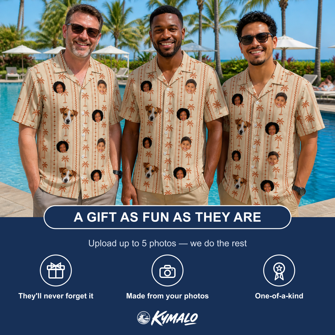 Friends in matching Men's Orchid Oasis Custom Face Hawaiian Shirt — a group gift photo