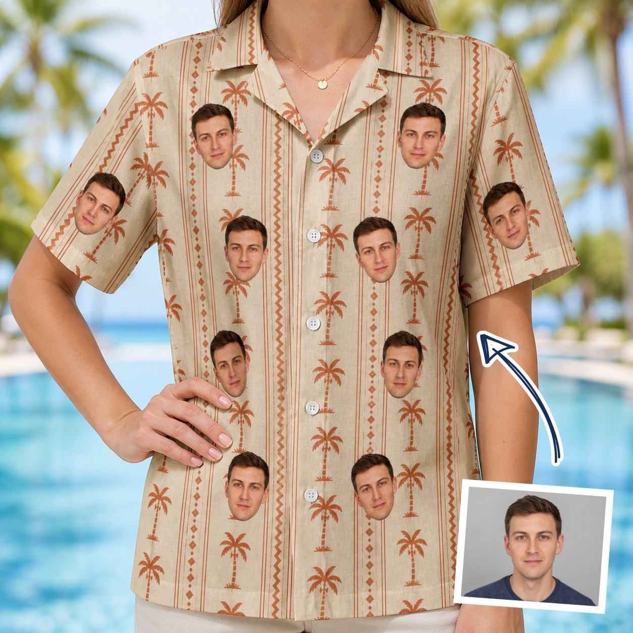 Woman wearing Women's Orchid Oasis Custom Face Hawaiian Shirt — custom faces printed all-over