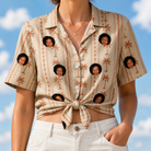 Woman wearing Women's Orchid Oasis Custom Face Hawaiian Shirt tied at the waist