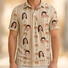 Model wearing Men's Orchid Oasis Custom Face Polo Shirt printed with kids' faces