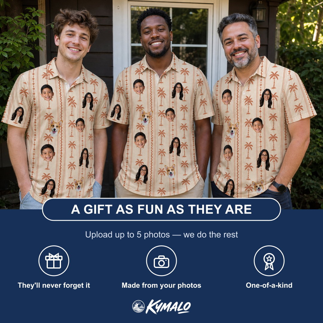 Friends in matching Men's Orchid Oasis Custom Face Polo Shirt — a group gift photo