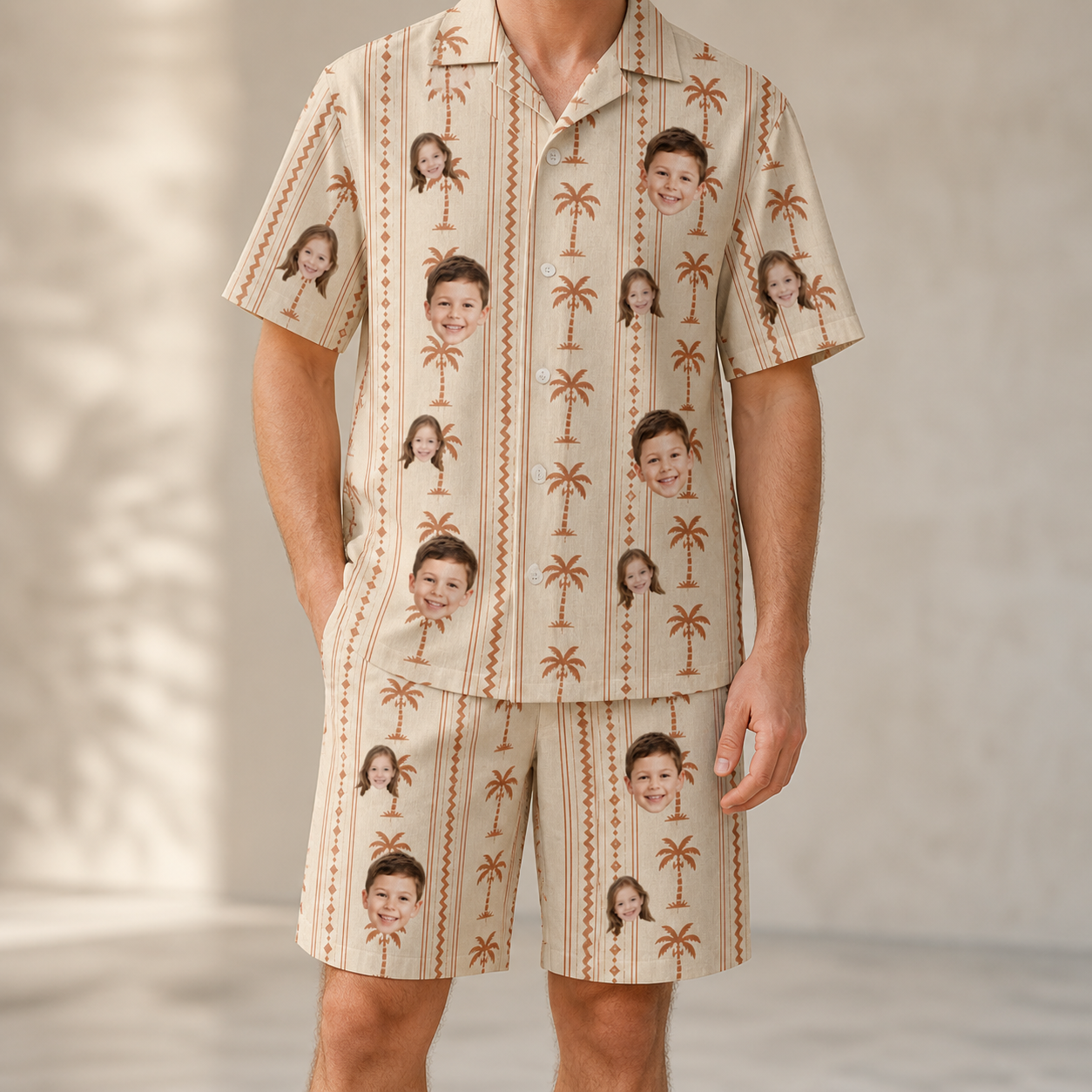Model wearing Men's Orchid Oasis Custom Face Shirt & Shorts Set printed with kids' faces