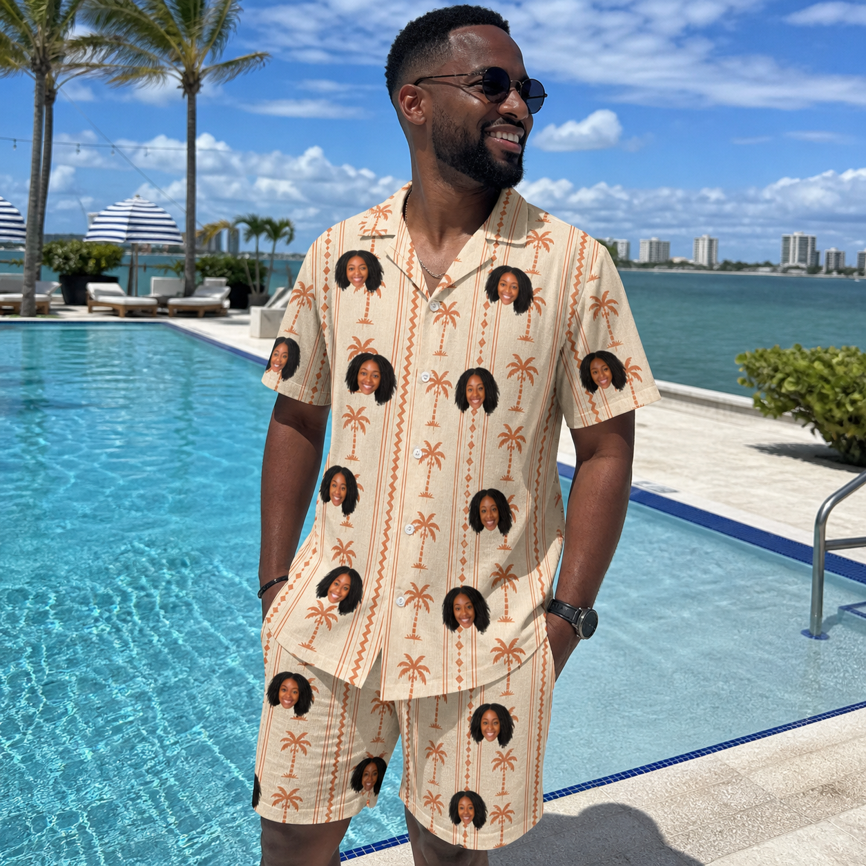 Real-life photo of someone wearing Men's Orchid Oasis Custom Face Shirt & Shorts Set — custom faces printed all-over