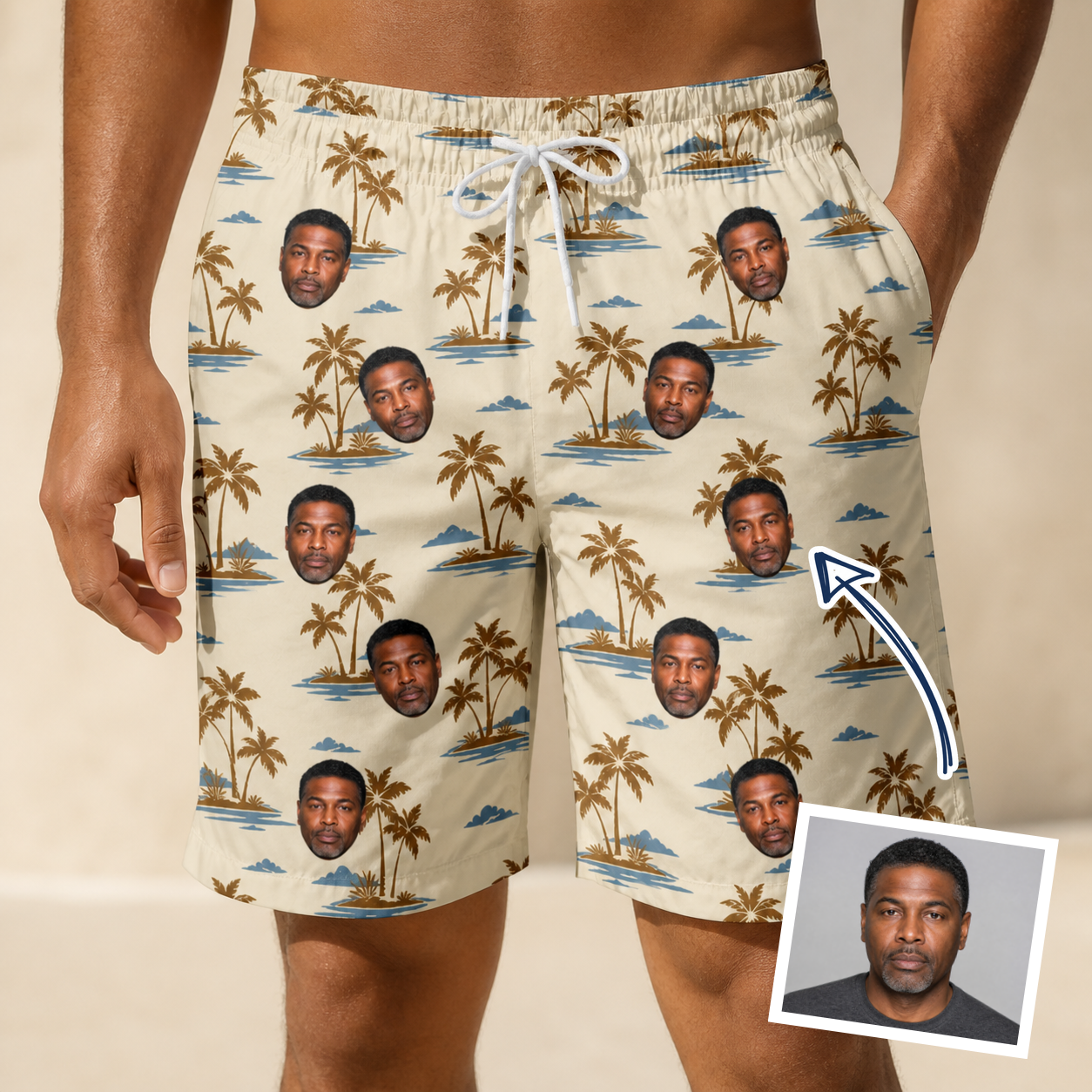 Man wearing Men's Botanical Breeze Custom Face Beach Shorts — custom faces printed all-over