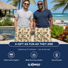 Friends in matching Men's Botanical Breeze Custom Face Beach Shorts — a group gift photo