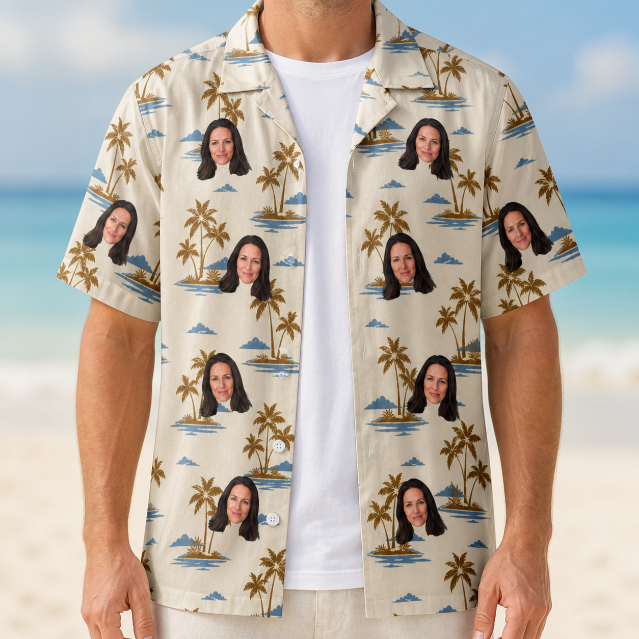 Man wearing Men's Botanical Breeze Custom Face Hawaiian Shirt open over a white tee