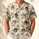 Model wearing Men's Botanical Breeze Custom Face Hawaiian Shirt printed with kids' faces