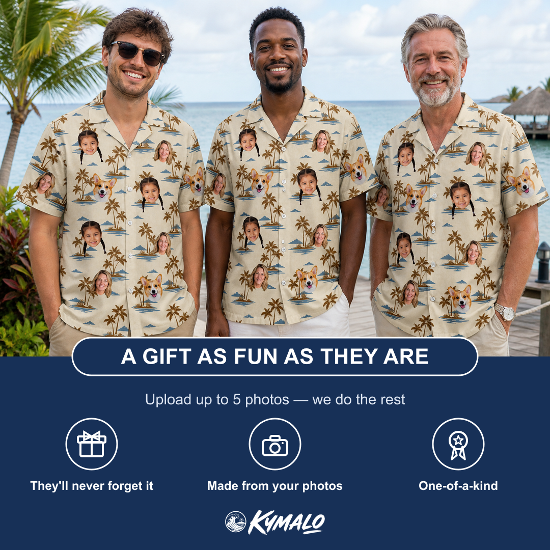 Friends in matching Men's Botanical Breeze Custom Face Hawaiian Shirt — a group gift photo