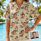 Woman wearing Women's Botanical Breeze Custom Face Hawaiian Shirt — custom faces printed all-over