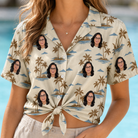 Woman wearing Women's Botanical Breeze Custom Face Hawaiian Shirt tied at the waist