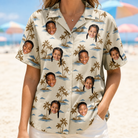 Model wearing Women's Botanical Breeze Custom Face Hawaiian Shirt printed with kids' faces