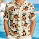 Model wearing Men's Botanical Breeze Custom Face Polo Shirt printed with kids' faces