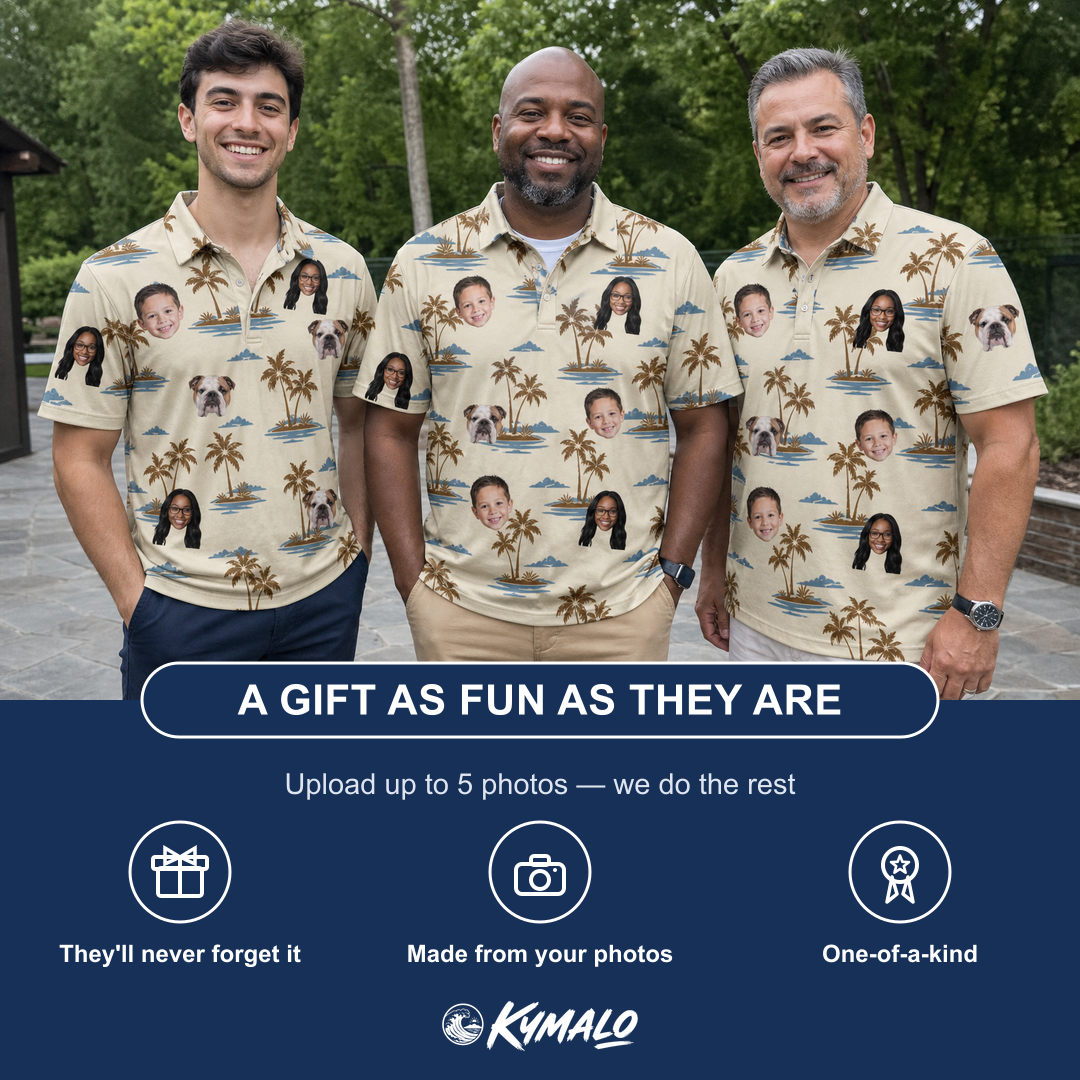 Friends in matching Men's Botanical Breeze Custom Face Polo Shirt — a group gift photo