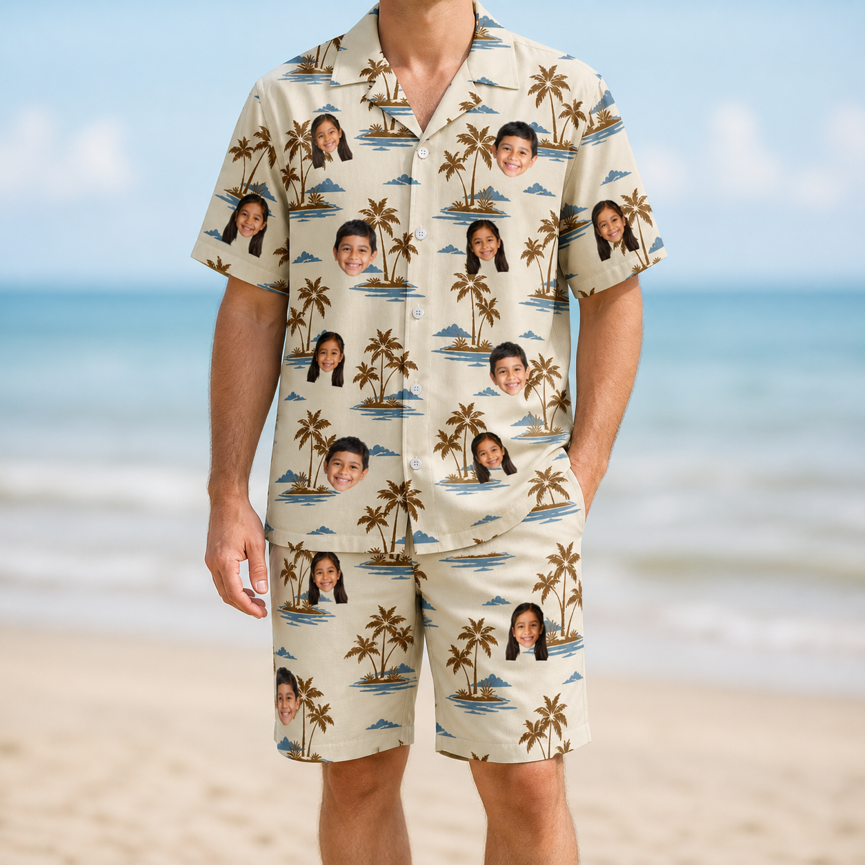 Model wearing Men's Botanical Breeze Custom Face Shirt & Shorts Set printed with kids' faces