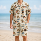 Model wearing Men's Botanical Breeze Custom Face Shirt & Shorts Set printed with kids' faces