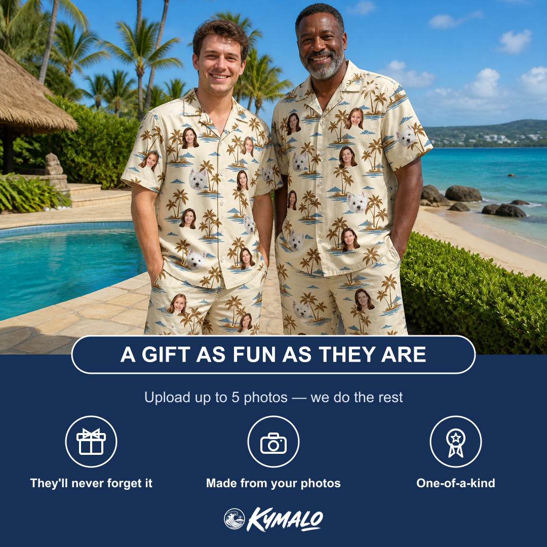 Friends in matching Men's Botanical Breeze Custom Face Shirt & Shorts Set — a group gift photo