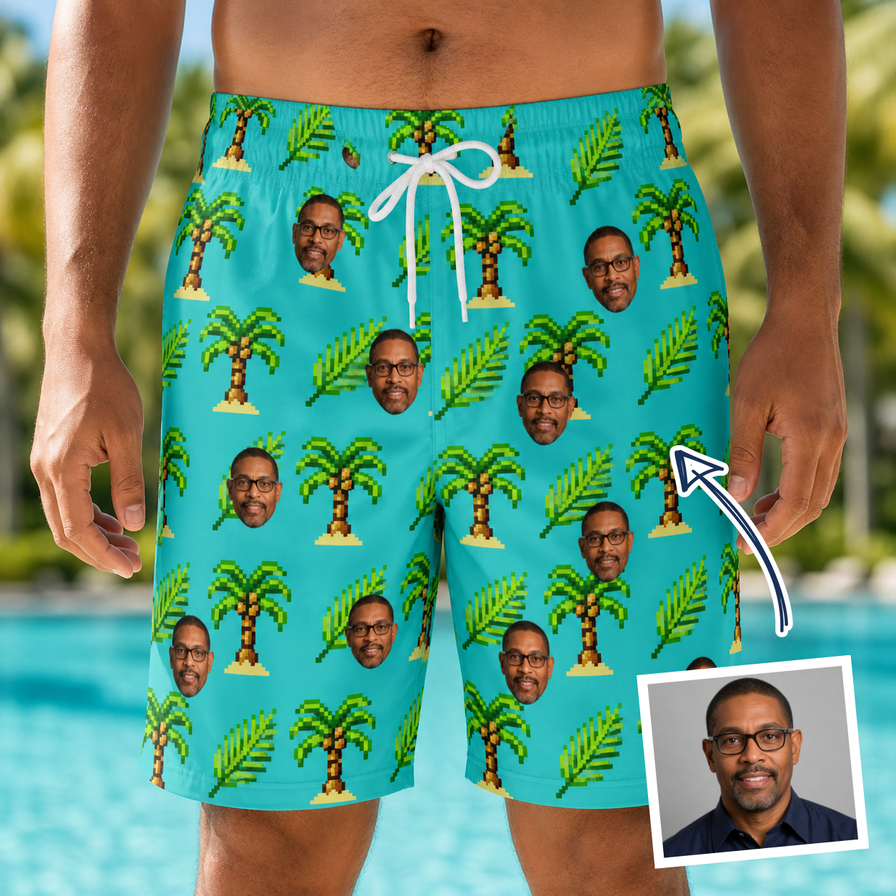 Man wearing Men's Canopy Cabana Custom Face Beach Shorts — custom faces printed all-over