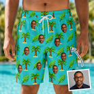 Man wearing Men's Canopy Cabana Custom Face Beach Shorts — custom faces printed all-over