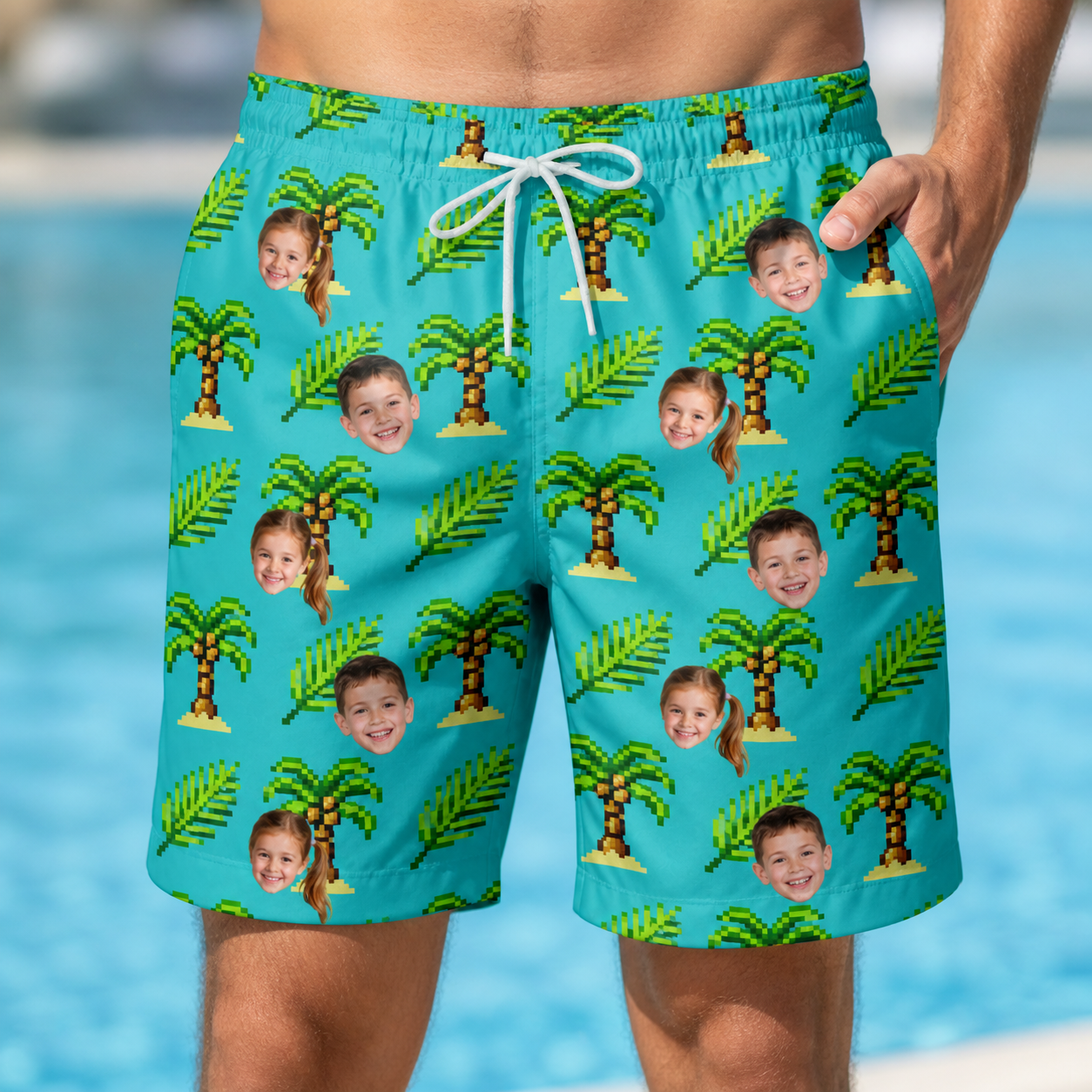 Model wearing Men's Canopy Cabana Custom Face Beach Shorts printed with kids' faces