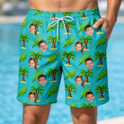 Model wearing Men's Canopy Cabana Custom Face Beach Shorts printed with kids' faces