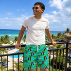 Real-life photo of someone wearing Men's Canopy Cabana Custom Face Beach Shorts — custom faces printed all-over