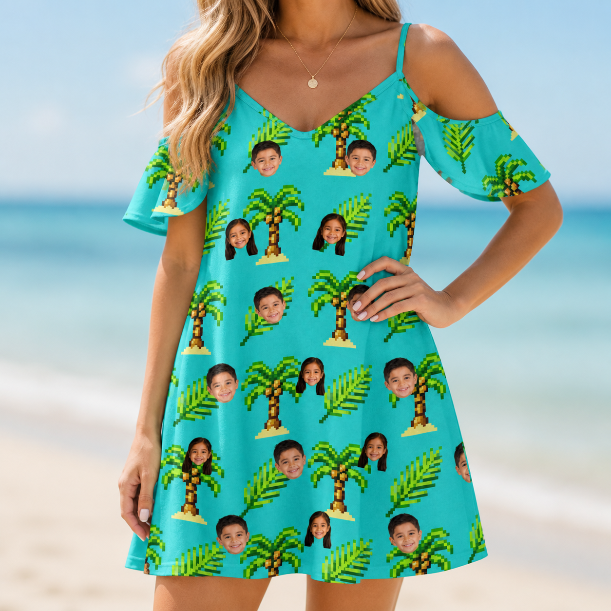 Model wearing Women's Canopy Cabana Custom Face Off-Shoulder Dress printed with kids' faces
