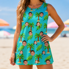 Model wearing Women's Canopy Cabana Custom Face Tank Dress printed with kids' faces
