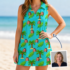 Woman wearing Women's Canopy Cabana Custom Face V-Neck Dress — custom faces printed all-over