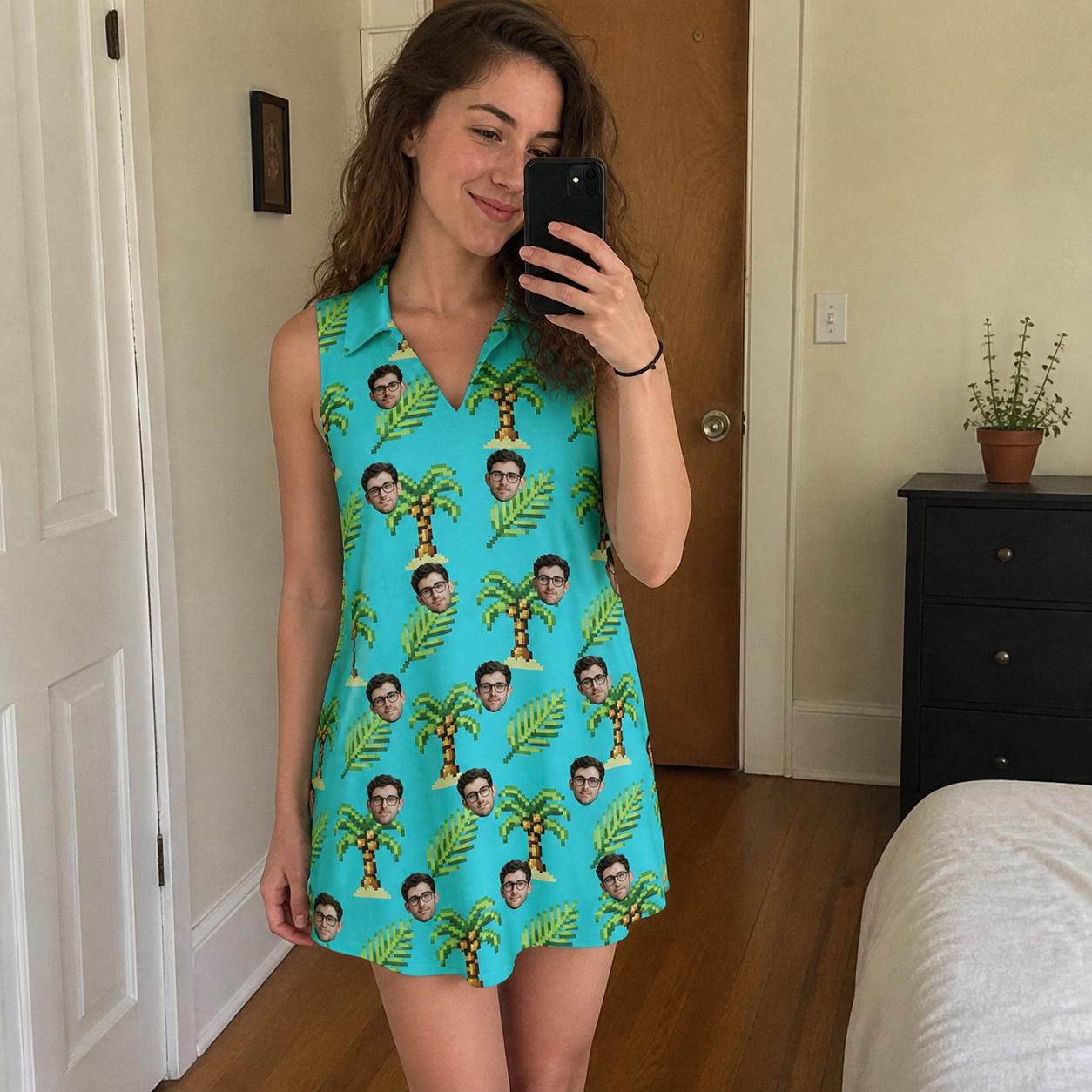 Real-life photo of someone wearing Women's Canopy Cabana Custom Face V-Neck Dress — custom faces printed all-over
