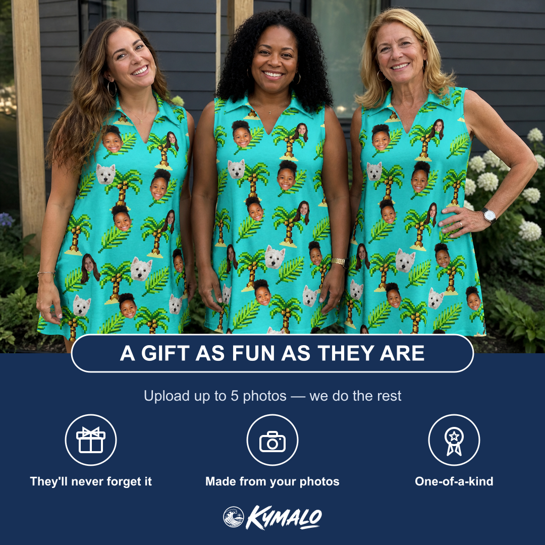 Friends in matching Women's Canopy Cabana Custom Face V-Neck Dress — a group gift photo