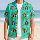 Man wearing Men's Canopy Cabana Custom Face Hawaiian Shirt open over a white tee