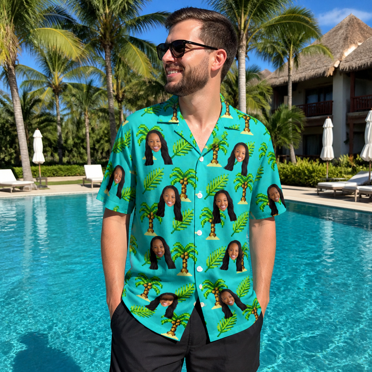 Real-life photo of someone wearing Men's Canopy Cabana Custom Face Hawaiian Shirt — custom faces printed all-over