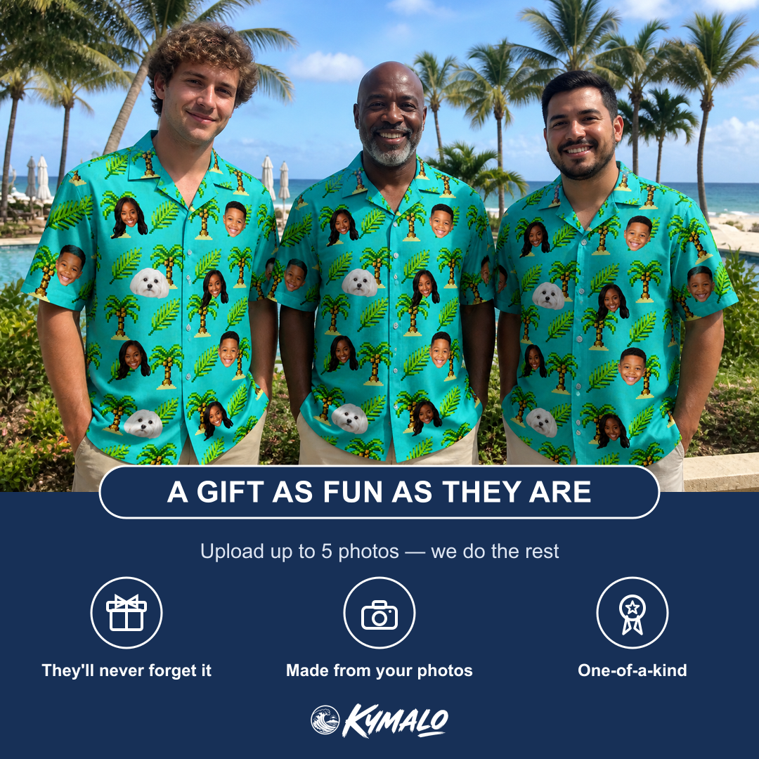 Friends in matching Men's Canopy Cabana Custom Face Hawaiian Shirt — a group gift photo