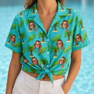 Woman wearing Women's Canopy Cabana Custom Face Hawaiian Shirt tied at the waist