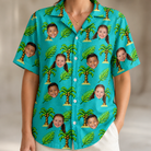 Model wearing Women's Canopy Cabana Custom Face Hawaiian Shirt printed with kids' faces