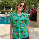 Real-life photo of someone wearing Women's Canopy Cabana Custom Face Hawaiian Shirt — custom faces printed all-over