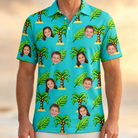 Model wearing Men's Canopy Cabana Custom Face Polo Shirt printed with kids' faces