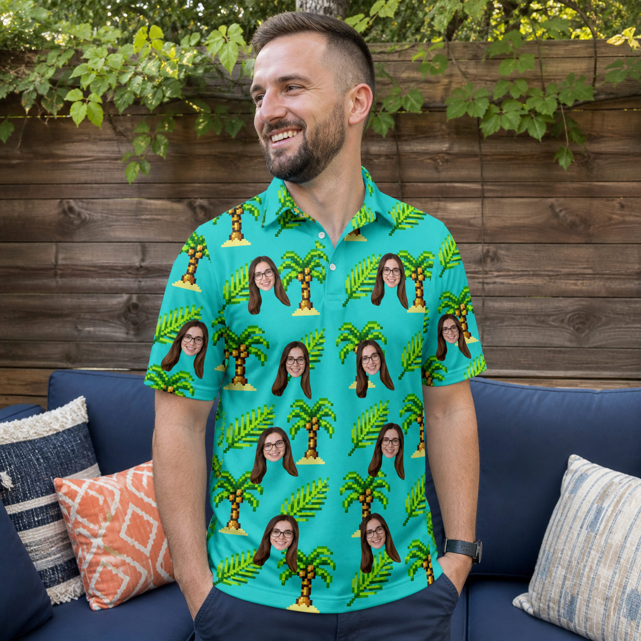 Real-life photo of someone wearing Men's Canopy Cabana Custom Face Polo Shirt — custom faces printed all-over