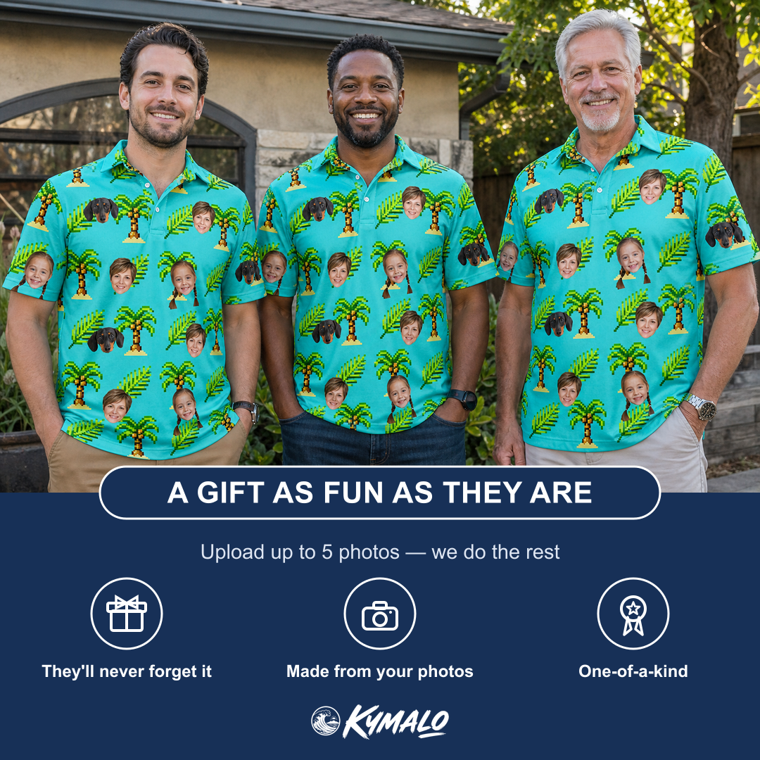 Friends in matching Men's Canopy Cabana Custom Face Polo Shirt — a group gift photo