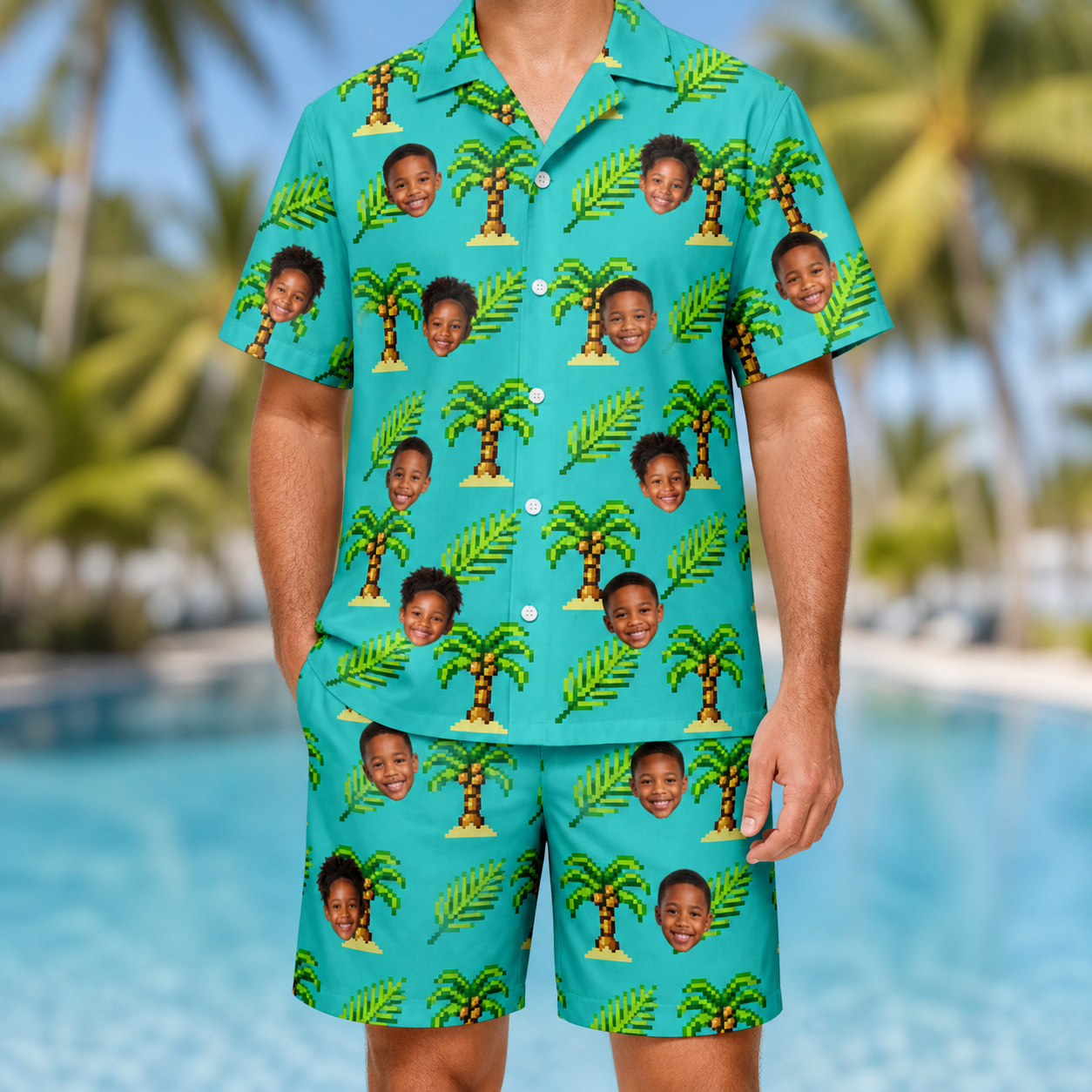 Model wearing Men's Canopy Cabana Custom Face Shirt & Shorts Set printed with kids' faces