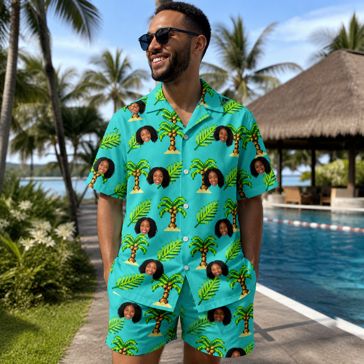Real-life photo of someone wearing Men's Canopy Cabana Custom Face Shirt & Shorts Set — custom faces printed all-over