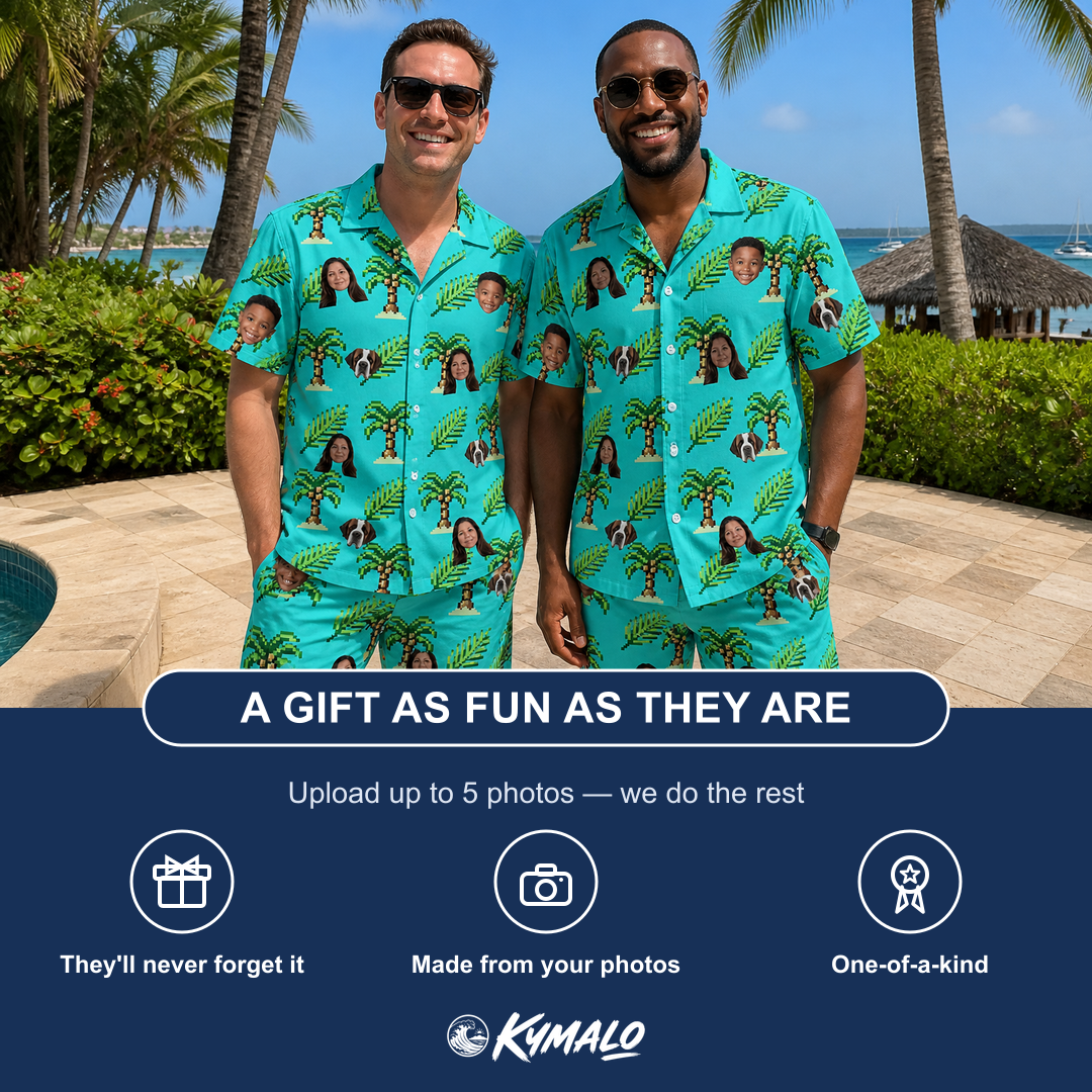 Friends in matching Men's Canopy Cabana Custom Face Shirt & Shorts Set — a group gift photo