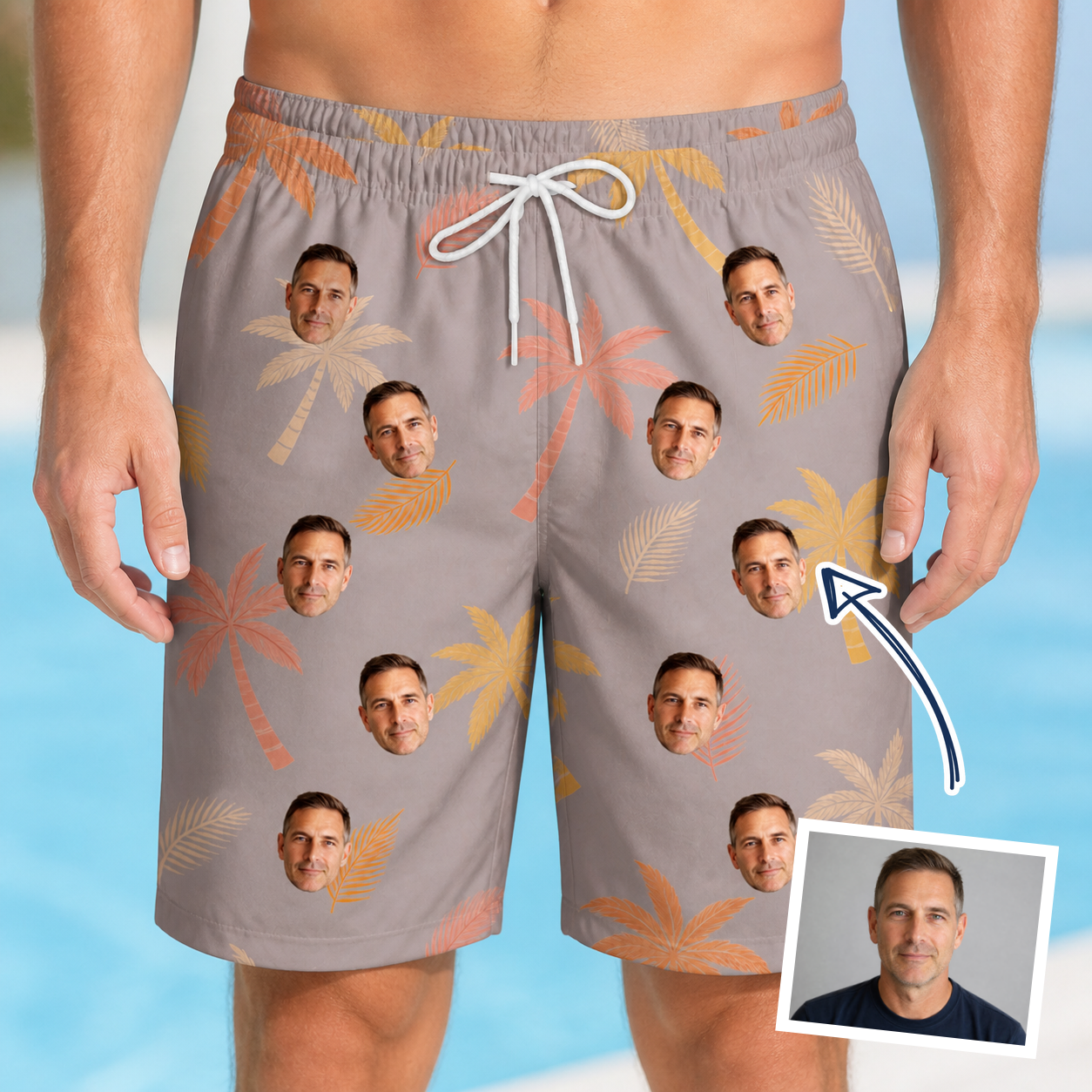 Man wearing Men's Leafy Lei Custom Face Beach Shorts — custom faces printed all-over