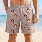 Model wearing Men's Leafy Lei Custom Face Beach Shorts printed with kids' faces