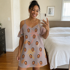Real-life photo of someone wearing Women's Leafy Lei Custom Face Off-Shoulder Dress — custom faces printed all-over